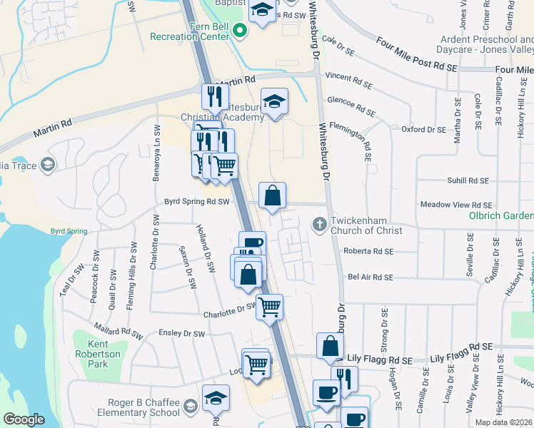 map of restaurants, bars, coffee shops, grocery stores, and more near 306 Drury Lane Southwest in Huntsville