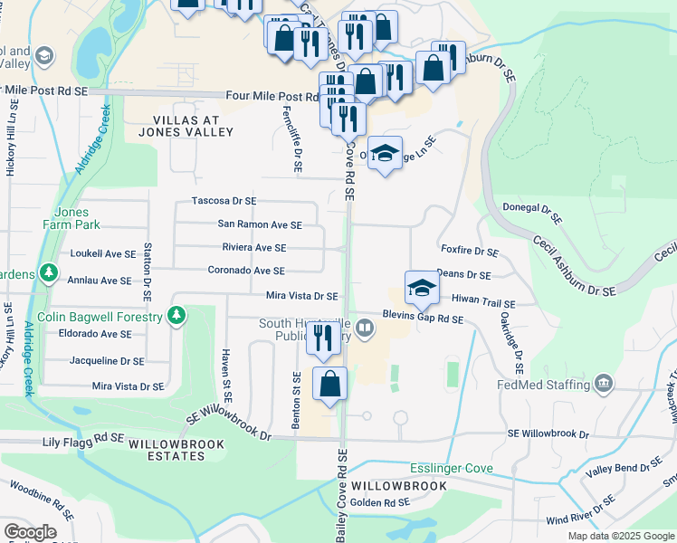 map of restaurants, bars, coffee shops, grocery stores, and more near 7704 Bailey Cove Road Southeast in Huntsville