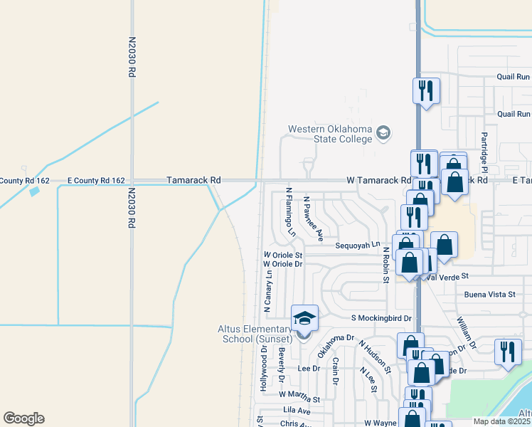map of restaurants, bars, coffee shops, grocery stores, and more near 2505 North Cherokee Strip Street in Altus