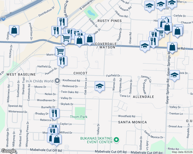 map of restaurants, bars, coffee shops, grocery stores, and more near 7017 Fairfield Drive in Little Rock