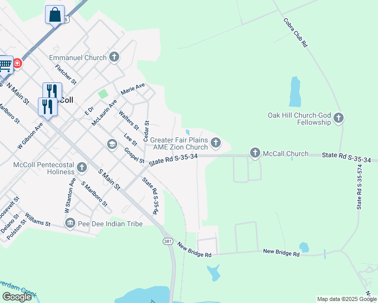 map of restaurants, bars, coffee shops, grocery stores, and more near 508 State Road S-35-34 in McColl