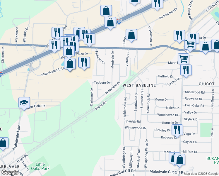 map of restaurants, bars, coffee shops, grocery stores, and more near 9511 Woodford Drive in Little Rock