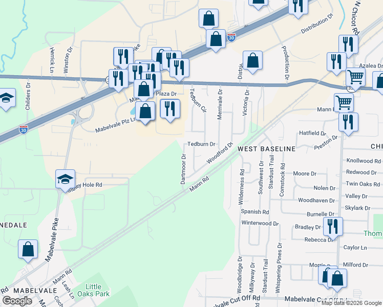 map of restaurants, bars, coffee shops, grocery stores, and more near 9413 Dartmoor Drive in Little Rock