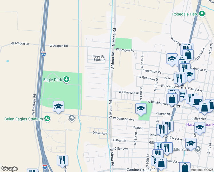map of restaurants, bars, coffee shops, grocery stores, and more near 1602 Michael Don Avenue in Belen