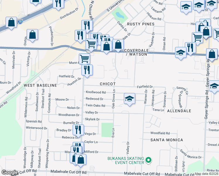 map of restaurants, bars, coffee shops, grocery stores, and more near in Little Rock