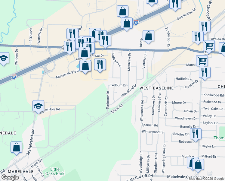 map of restaurants, bars, coffee shops, grocery stores, and more near 9413 Dartmoor Drive in Little Rock