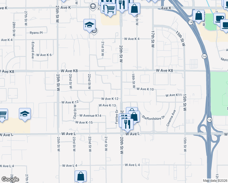 map of restaurants, bars, coffee shops, grocery stores, and more near 2028 West Avenue K10 in Lancaster