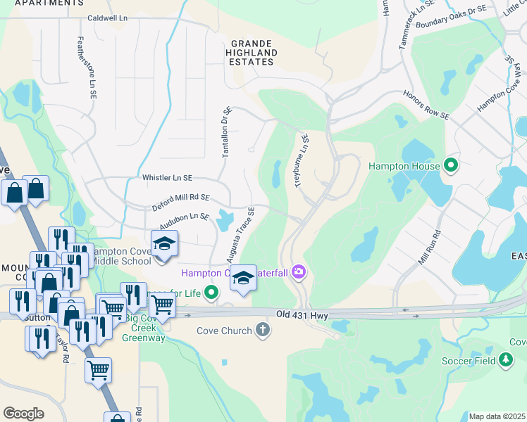 map of restaurants, bars, coffee shops, grocery stores, and more near 2772 Deford Mill Road Southeast in Owens Cross Roads