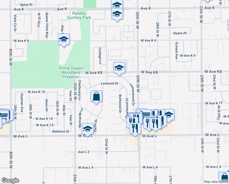 map of restaurants, bars, coffee shops, grocery stores, and more near 3136 Darkwood Street in Lancaster