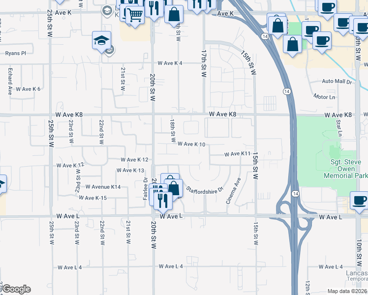 map of restaurants, bars, coffee shops, grocery stores, and more near 1736 West Avenue K10 in Lancaster