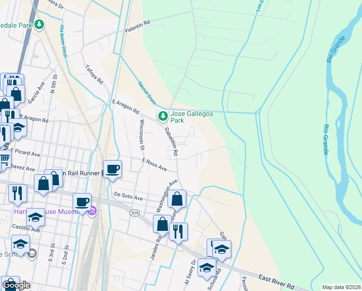 map of restaurants, bars, coffee shops, grocery stores, and more near 528 Gabaldon Road in Belen