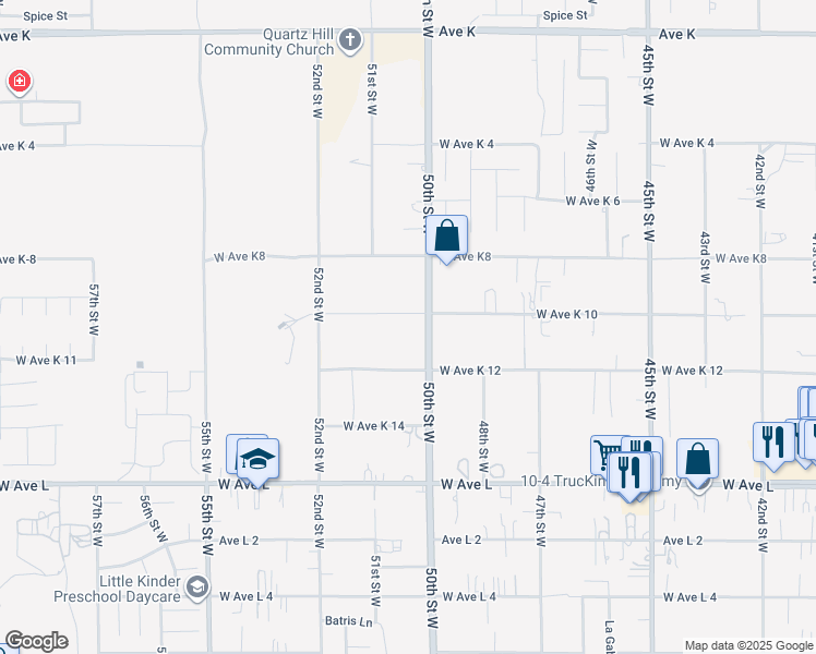map of restaurants, bars, coffee shops, grocery stores, and more near 5020 West Avenue K 10 in Lancaster