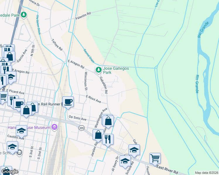 map of restaurants, bars, coffee shops, grocery stores, and more near 528 Gabaldon Road in Belen