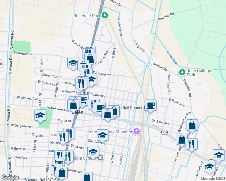 map of restaurants, bars, coffee shops, grocery stores, and more near 510 North 5th Street in Belen