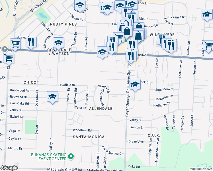 map of restaurants, bars, coffee shops, grocery stores, and more near 5 Saxony Circle in Little Rock