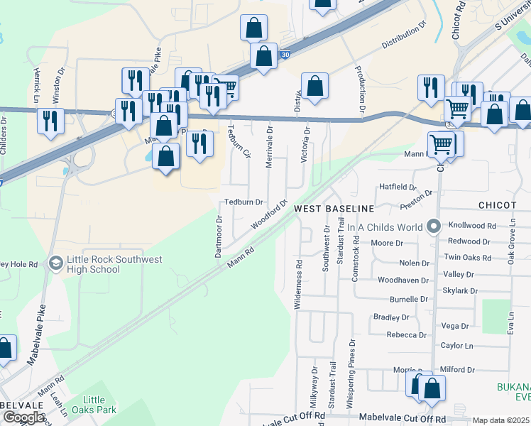 map of restaurants, bars, coffee shops, grocery stores, and more near 9510 Woodford Drive in Little Rock