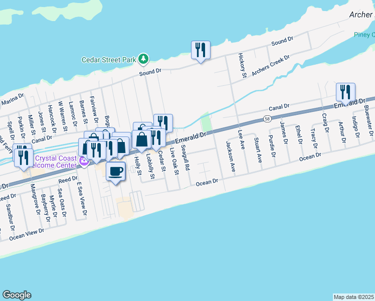 map of restaurants, bars, coffee shops, grocery stores, and more near 7518 Sandpiper Lane in Emerald Isle