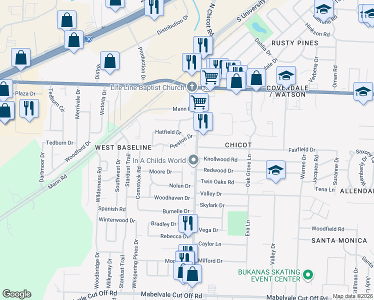 map of restaurants, bars, coffee shops, grocery stores, and more near 9 Duval Circle in Little Rock