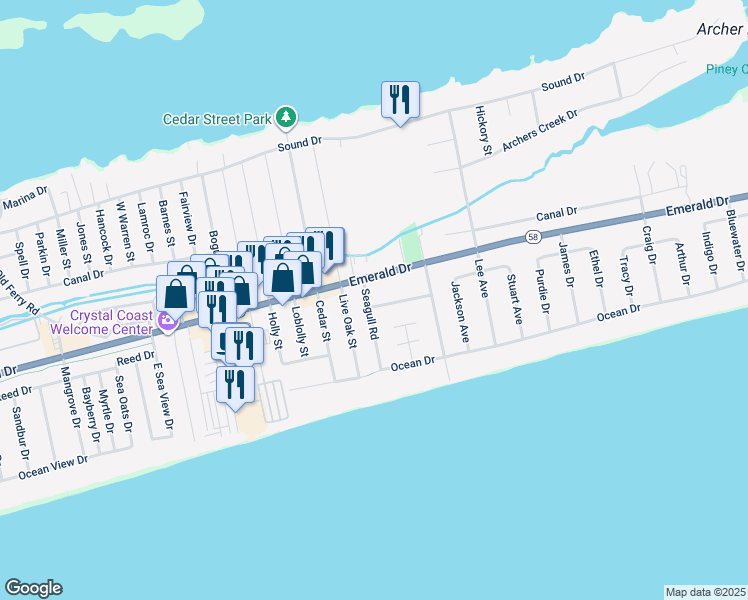 map of restaurants, bars, coffee shops, grocery stores, and more near 7518 Sandpiper Lane in Emerald Isle