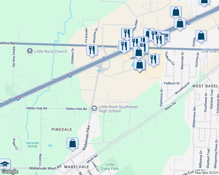 map of restaurants, bars, coffee shops, grocery stores, and more near 11 Mabelvale Plaza Drive in Little Rock