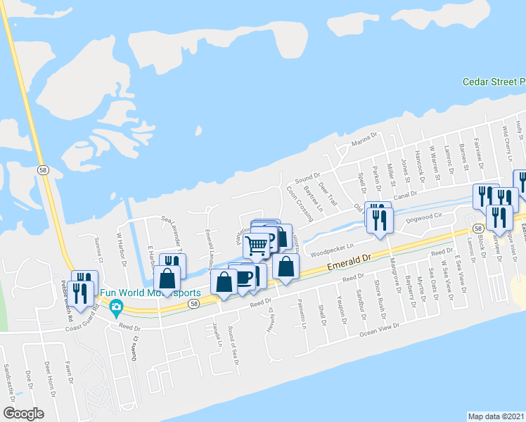 map of restaurants, bars, coffee shops, grocery stores, and more near 412 Emerald Circle in Emerald Isle