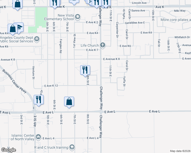 map of restaurants, bars, coffee shops, grocery stores, and more near 43041 Denmore Avenue in Lancaster