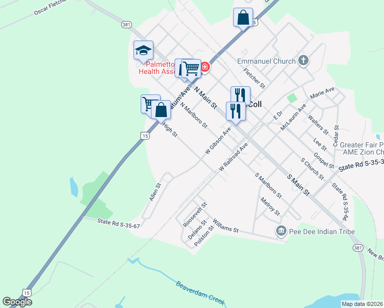 map of restaurants, bars, coffee shops, grocery stores, and more near 207 High Street in McColl