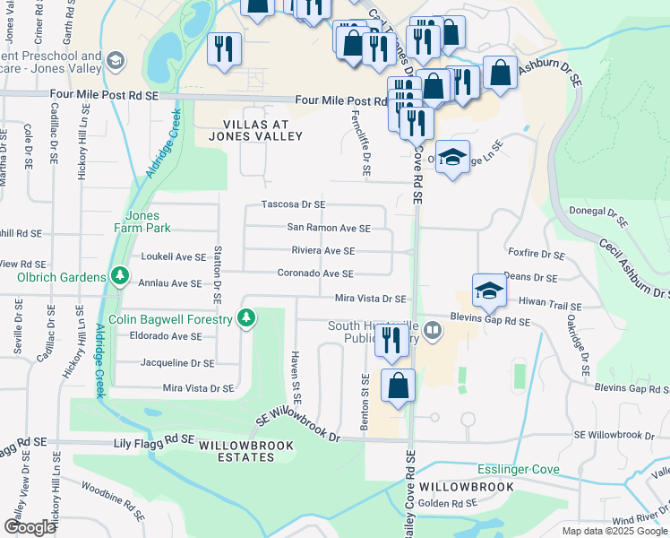 map of restaurants, bars, coffee shops, grocery stores, and more near 1006 Coronado Avenue Southeast in Huntsville