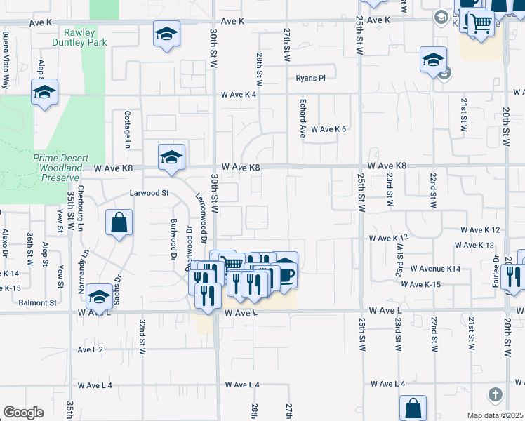 map of restaurants, bars, coffee shops, grocery stores, and more near 2815 West Avenue K12 in Lancaster