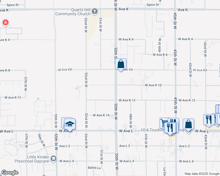 map of restaurants, bars, coffee shops, grocery stores, and more near 5020 West Avenue K 10 in Lancaster