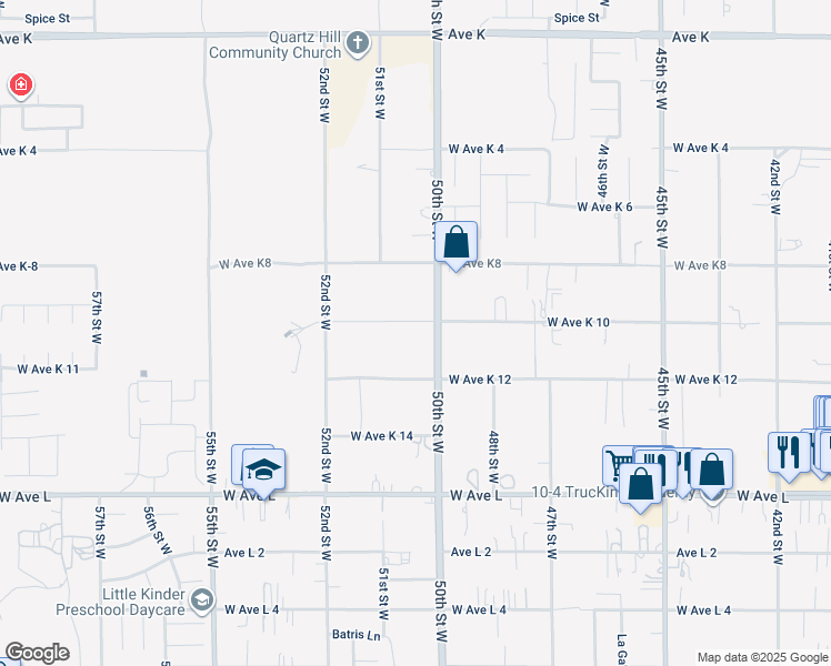 map of restaurants, bars, coffee shops, grocery stores, and more near 43037 50th Street West in Lancaster