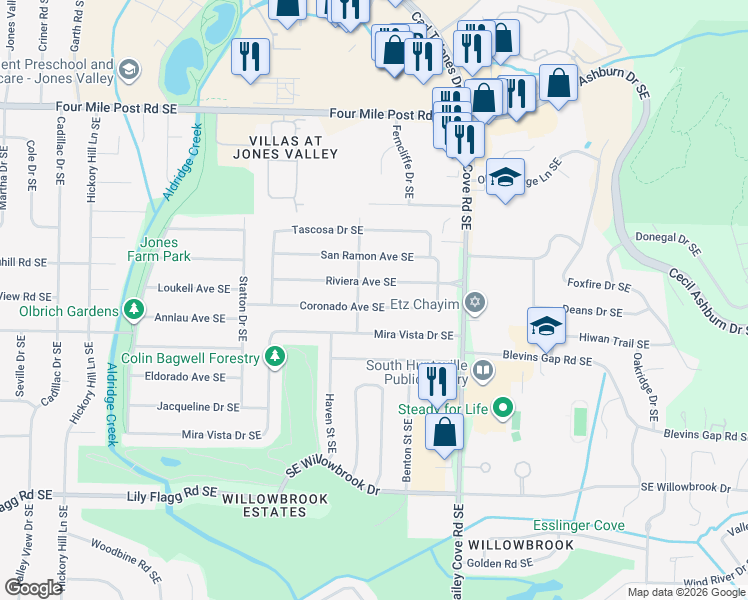 map of restaurants, bars, coffee shops, grocery stores, and more near 1006 Coronado Avenue Southeast in Huntsville