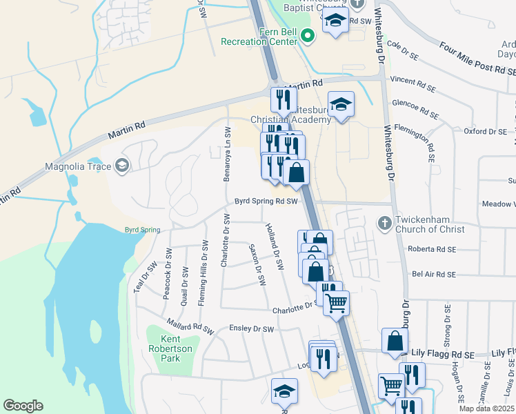 map of restaurants, bars, coffee shops, grocery stores, and more near 7602 Dalton Street Southwest in Huntsville