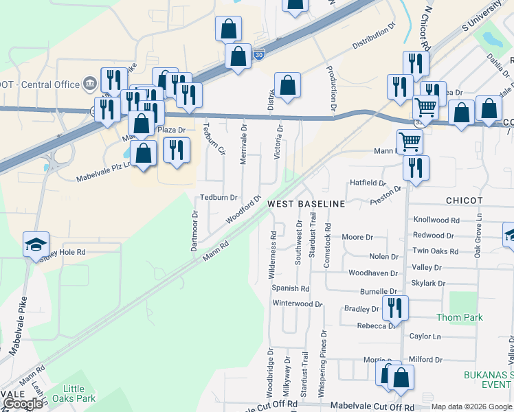 map of restaurants, bars, coffee shops, grocery stores, and more near 9414 Wilderness Road in Little Rock