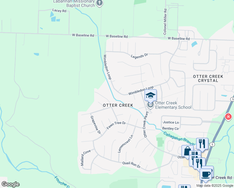 map of restaurants, bars, coffee shops, grocery stores, and more near 2500 Silver Maple Drive in Little Rock