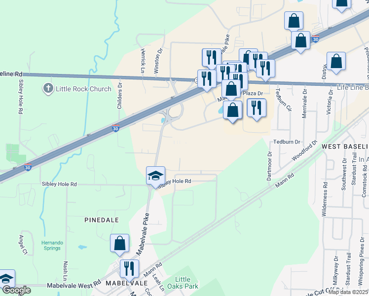 map of restaurants, bars, coffee shops, grocery stores, and more near 11 Mabelvale Plaza Drive in Little Rock