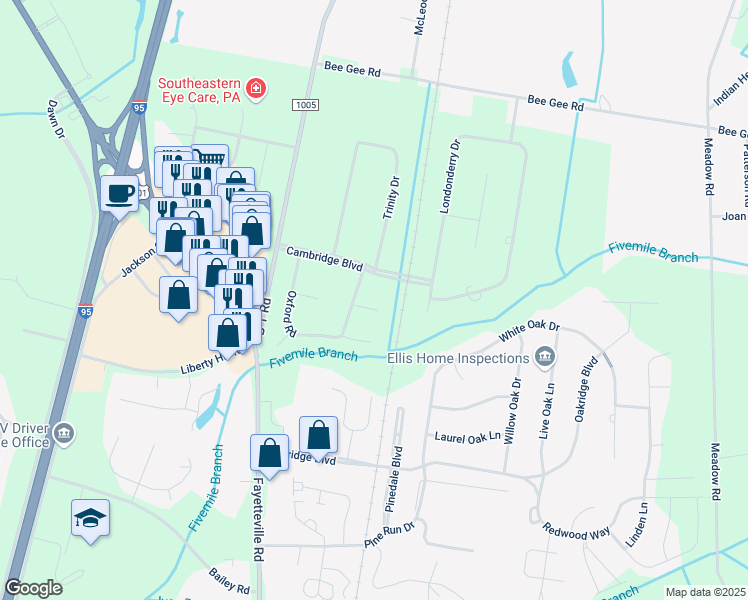 map of restaurants, bars, coffee shops, grocery stores, and more near 4 Westchester Place in Lumberton