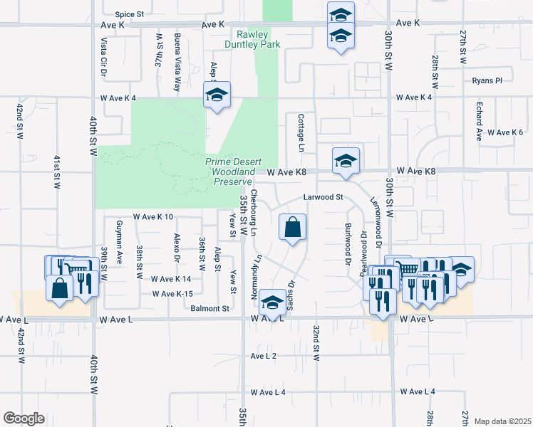 map of restaurants, bars, coffee shops, grocery stores, and more near 43035 Montemarte Court in Lancaster