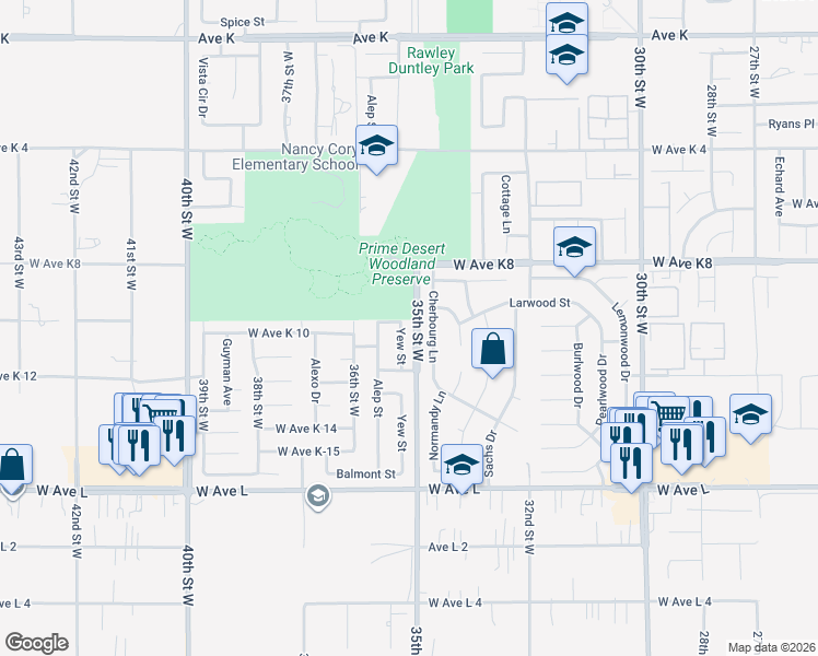 map of restaurants, bars, coffee shops, grocery stores, and more near 43056 Yew Street in Lancaster