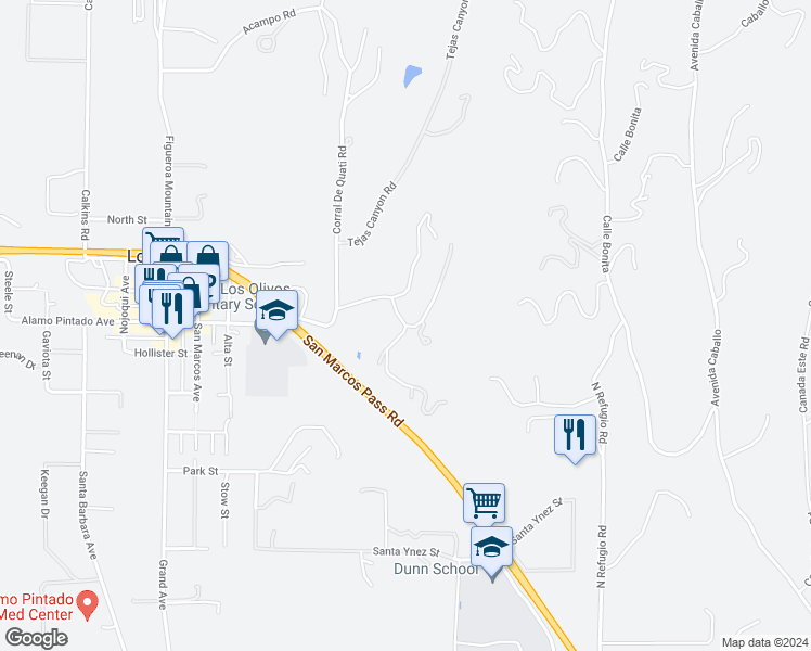 map of restaurants, bars, coffee shops, grocery stores, and more near 2945 Bramadero Road in Santa Ynez