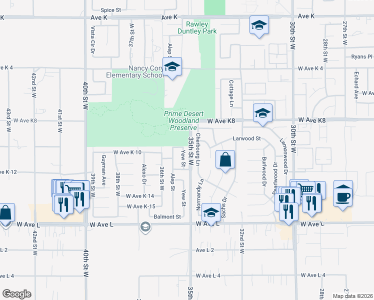 map of restaurants, bars, coffee shops, grocery stores, and more near 43056 Yew Street in Lancaster