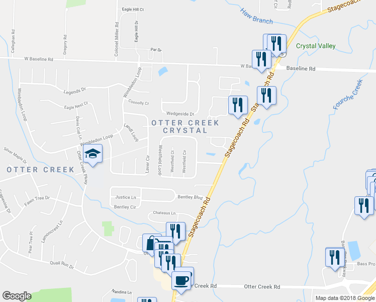 map of restaurants, bars, coffee shops, grocery stores, and more near 21 Westfield Circle in Little Rock
