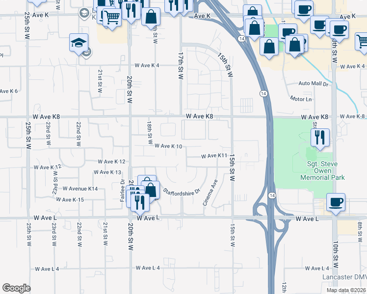 map of restaurants, bars, coffee shops, grocery stores, and more near 1660 West Avenue K 10 in Lancaster