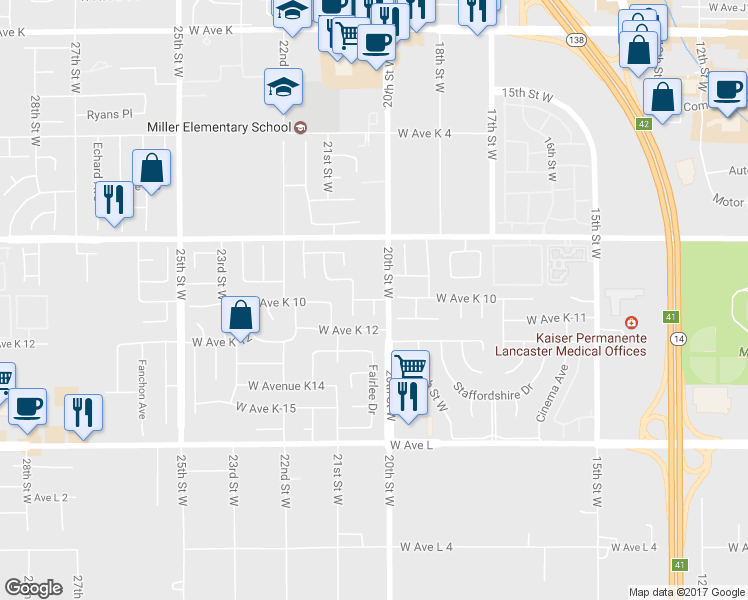 map of restaurants, bars, coffee shops, grocery stores, and more near West Avenue K10 in Lancaster