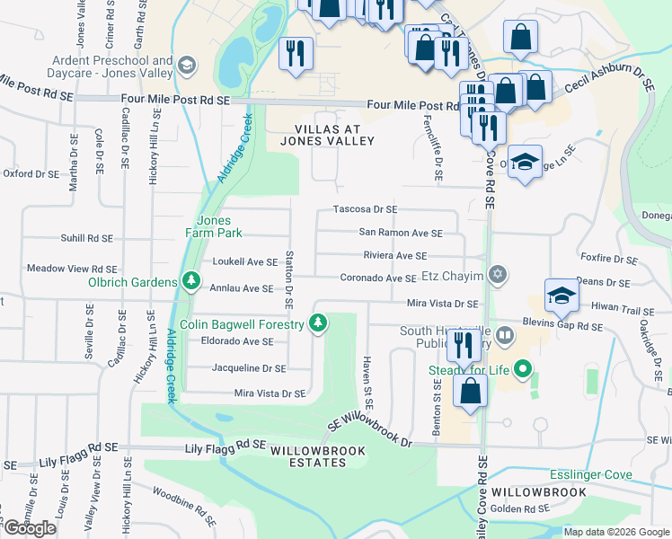 map of restaurants, bars, coffee shops, grocery stores, and more near 902 Coronado Avenue Southeast in Huntsville