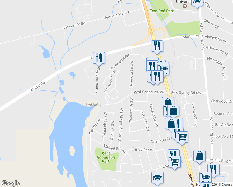 map of restaurants, bars, coffee shops, grocery stores, and more near 3020 Live Oak Court Southwest in Huntsville