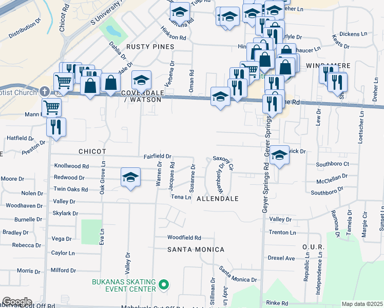 map of restaurants, bars, coffee shops, grocery stores, and more near 9321 Susanne Drive in Little Rock