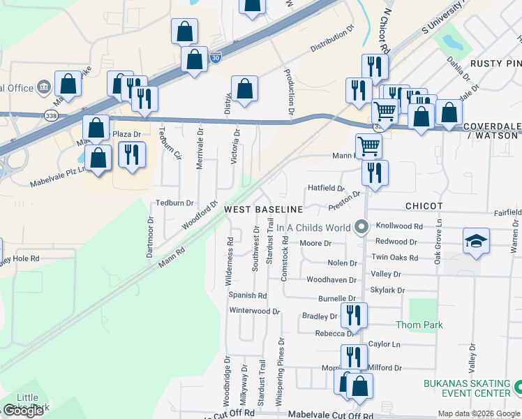 map of restaurants, bars, coffee shops, grocery stores, and more near 9407 Stardust Trail in Little Rock