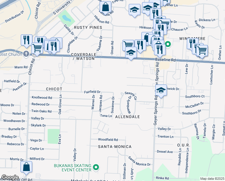map of restaurants, bars, coffee shops, grocery stores, and more near 9321 Susanne Drive in Little Rock