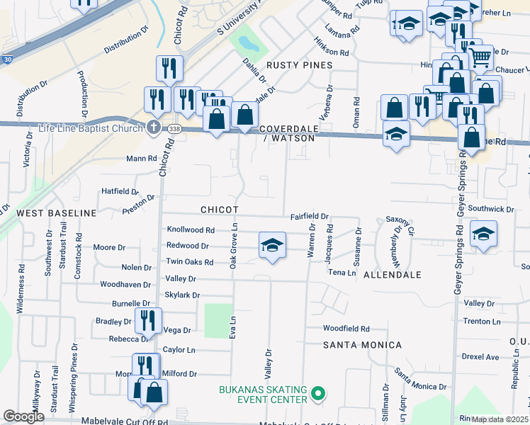 map of restaurants, bars, coffee shops, grocery stores, and more near 7008 Fairfield Drive in Little Rock